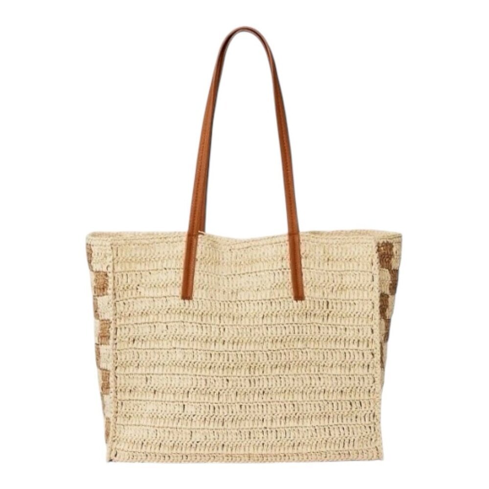 Universal Thread Straw Packable Checker Boxy Tote Beige NWT Summer Bag